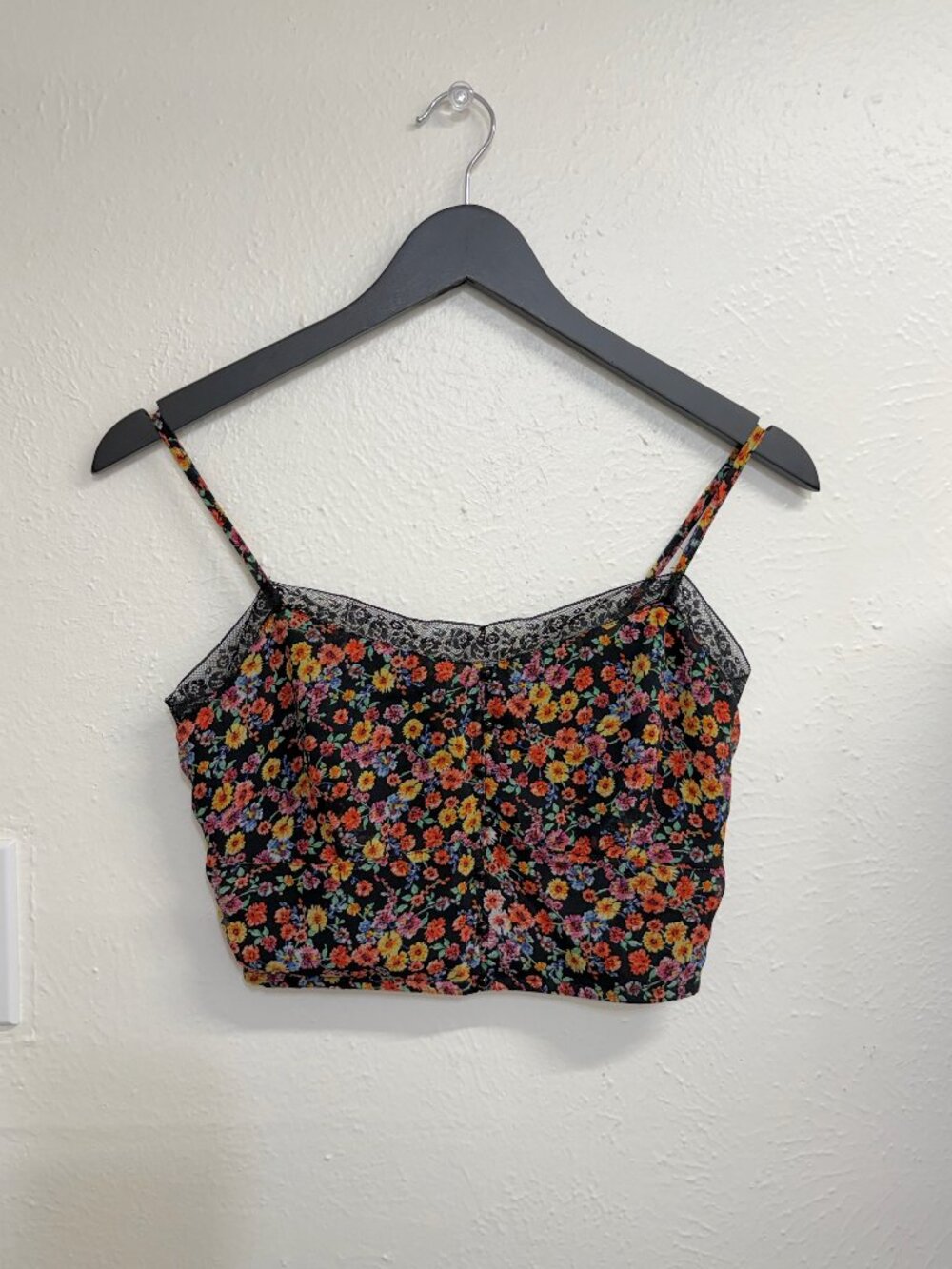 Papaya Floral Black Lace Trim Cami Crop Top Womens Small